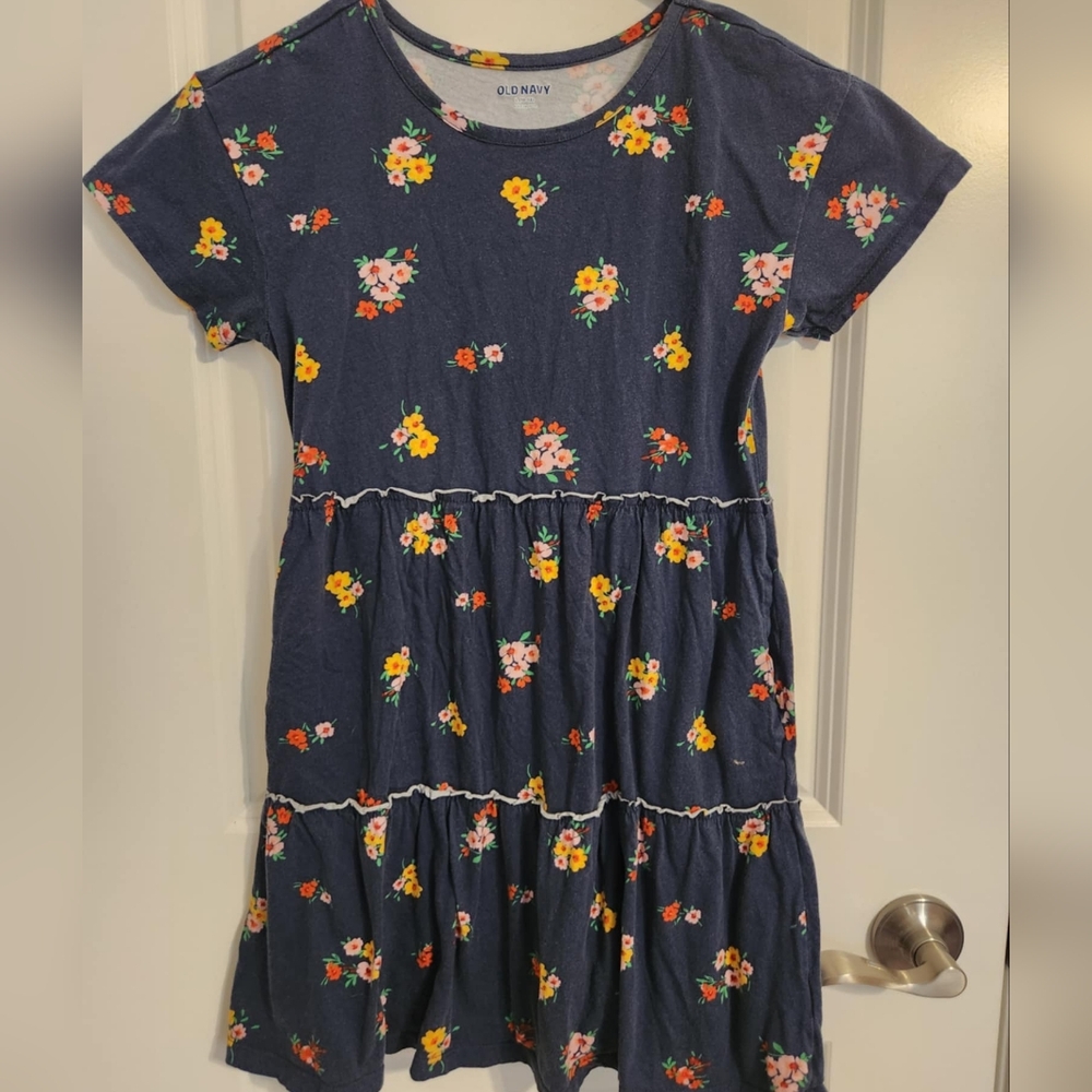 Girls Old Navy tiered ruffle blue floral short sleeve dress size 10/12